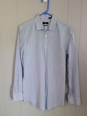 Hugo Boss Shirt Mens 15.5 32-33 Blue Plaid Checker Slim Fit Business